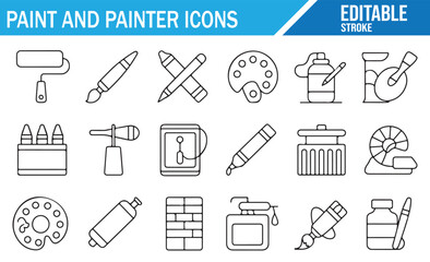 Set of paint and painter tools icons in line style featuring brushes, paints, rollers, and other painting equipment. Editable vector icons for art, painting, and DIY projects.