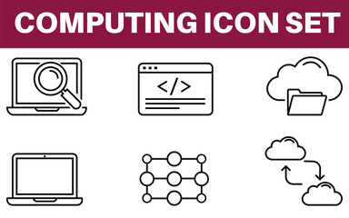 Computing and networking icons, data technology vector, digital communication symbols, cloud storage illustration, server and software design