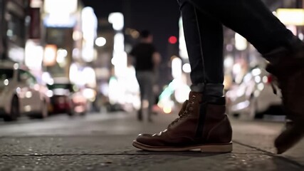 Foot in brown boot walks on city sidewalk at night, bright bokeh lights in background