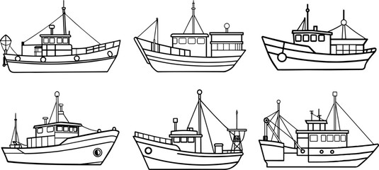 Set of fishing vessel outline vector illustration line art