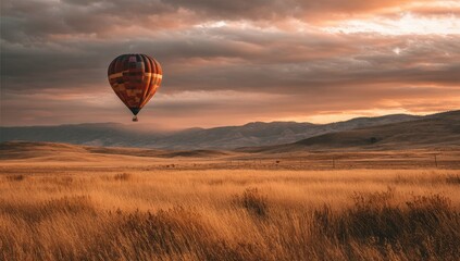 Obraz premium Hot air balloon over golden field at sunrise