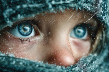 Close-up of child's frosted blue eyes peering out from winter clothing