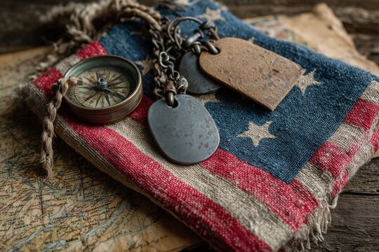 Vintage compass and dog tags on weathered american flag and antique map