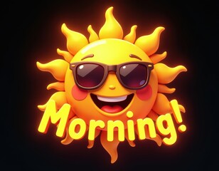 Happy 3D Sun Character with Sunglasses and Good Morning Message