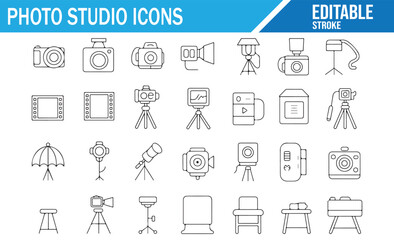 Minimalist collection of photography studio icons including cameras, tripods, and backdrop equipment.