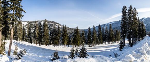 Winter Wonderland: Snowy Scenic Golf Course with Snow-Capped Mountains and Clear Skies