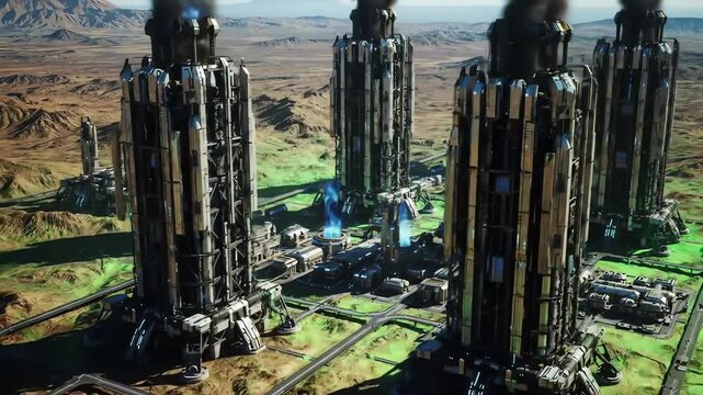 Futuristic power plant towers with pollution and bright sun on alien planet concept