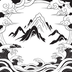 Vector art of majestic mountain range with crashing waves in a traditional japanese art style