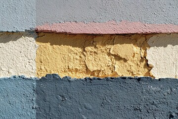Cracked and peeling paint on a weathered wall reveals layers of color in an urban setting