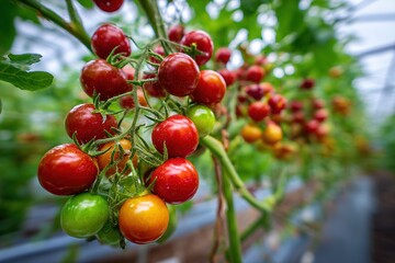 Obraz premium Cherry tomatoes ripening in a greenhouse during late summer harvest season