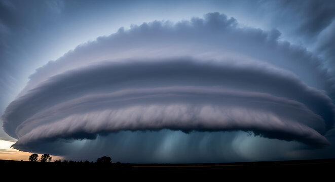Dramatic Supercell Thunderstorm Cloud Formation over Dark Landscape.