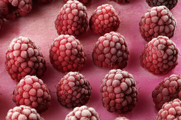 Raspberries covered in frost on a pink background. 