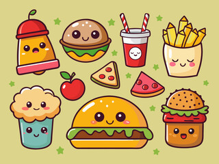 Cute Kawaii Fast Food Set with Smiling Faces on a Light Green Background