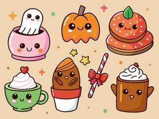 Cute Kawaii Fall and Winter Holiday Treat Icon Set Illustration