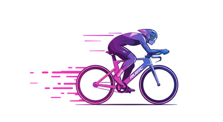 Fototapeta premium Vector illustration of a professional cyclist in an aerodynamic racing pose, showing extreme speed with vibrant neon motion trails