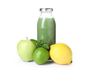 Tasty juice in glass bottle, fresh fruits and mint isolated on white