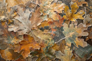Detailed frosted oak leaves background, fallen autumn foliage with ice and frost texture in warm seasonal colors of orange, yellow, and brown, perfect for design, decoration, and nature themes