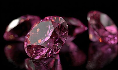 Close-up of several pink diamonds on a black surface