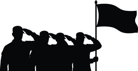Silhouette of soldiers saluting a flag, representing honor, respect, and patriotism for veterans and military personnel
