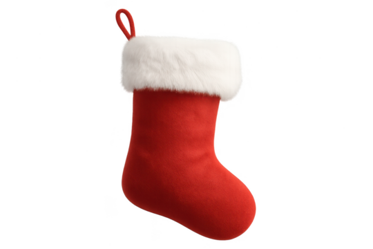 Vibrant red Christmas stocking isolated on a transparent background, festive