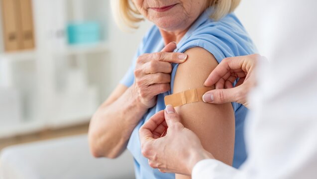 Elderly woman receiving vaccine with adhesive bandage on arm from a female doctor after injection.