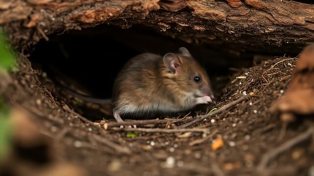 Small brown mouse emerges from a burrow in the ground with dirt and twig surroundings