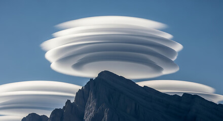 Lenticular Clouds Hovering Over Majestic Mountain Peak.