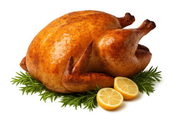 Golden roasted whole turkey with lemon isolated on transparent background.