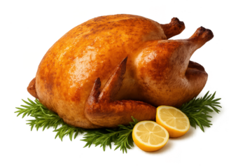 Golden roasted whole turkey with lemon isolated on transparent background.