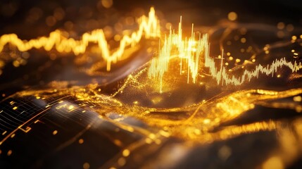 Elegant financial chart rising from molten gold waves, surreal business growth concept, deep contrast.