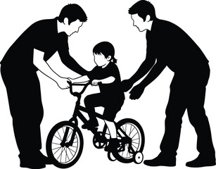 Obraz premium Two fathers are teaching a child to ride a bicycle, providing support and guidance