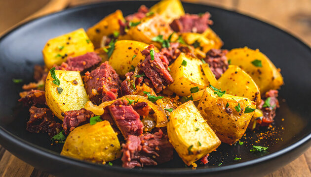 Crispy diced potatoes with tender corned beef, onions and spices. Savory food. Delicious meal.