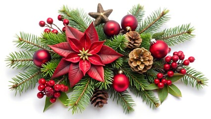 Traditional christmas floral arrangement featuring a red poinsettia, pine branches, berries, pinecones, and red ornaments, isolated on white background