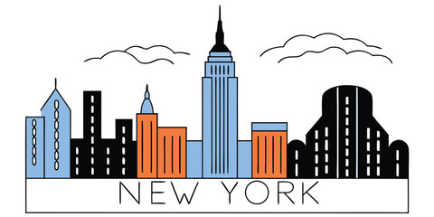 Iconic new york city skyline silhouette with recognizable landmarks on a clean white background
