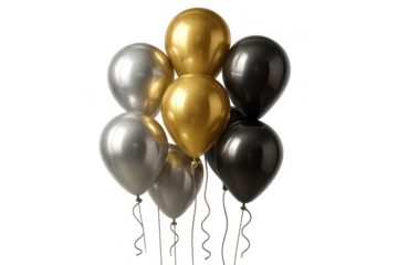 Luxury gold, silver, and black party balloons isolated on transparent background