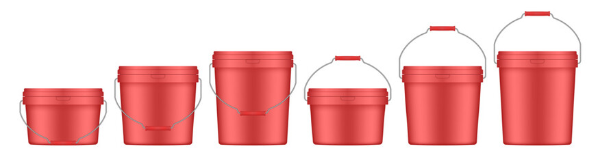 Red plastic buckets with metal handle and lid. Vector mockup of a food or building mixtures packaging. A bucket of paint or putty. Small, medium and large sizes