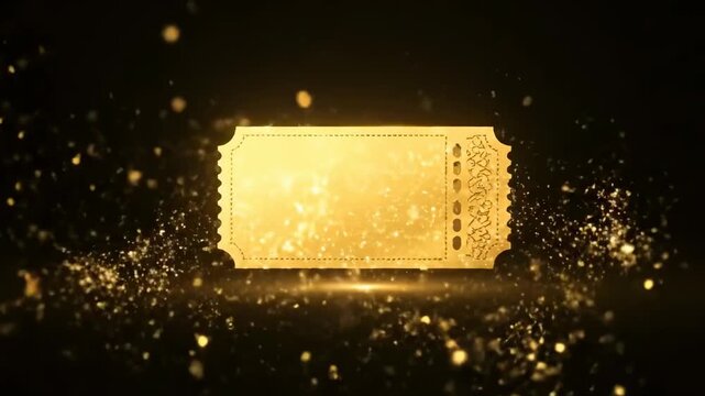 Golden ticket flies through dark sky leaving sparkling trail, representing opportunity, luck, and winning moments - with dark background