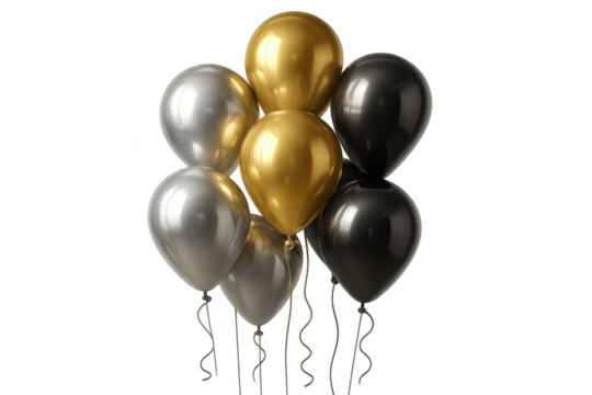 Luxury gold, silver, and black party balloons isolated on transparent background - Powered by Adobe