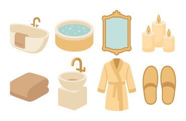 Luxurious bathroom spa set with bathtub, hot tub, mirror, candles, towel, robe, slippers