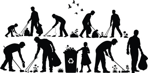 Silhouette of people cleaning up trash and garbage in a park, showing community involvement and environmental responsibility
