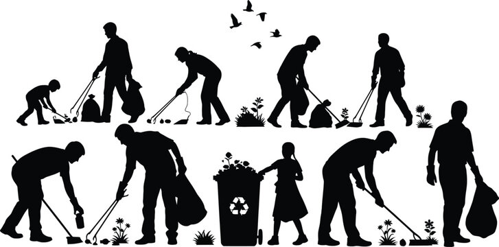 Silhouette of people cleaning up trash and garbage in a park, showing community involvement and environmental responsibility