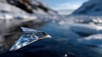 Obraz premium A stunning crystal aircraft hovers over a serene frozen lake surrounded by mountains, capturing a moment of icy tranquility and imaginative design in nature's beauty.