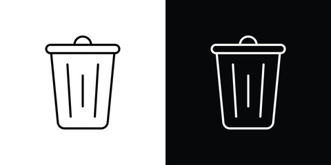 Trash Can Icon in Line Art Style, Isolated on White and Black Backgrounds