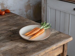 A carrot on the plate in the kitchen.