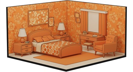Retro orange bedroom interior design illustration