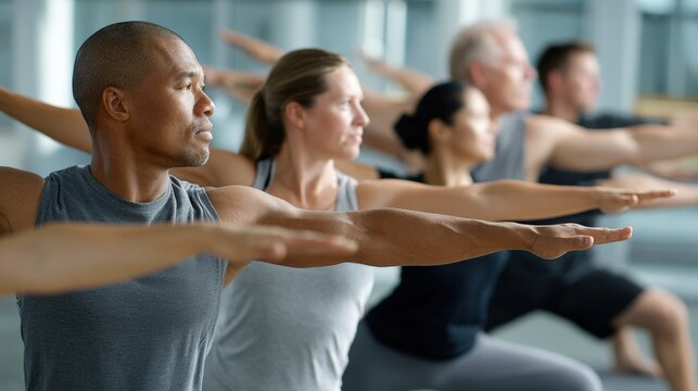 Diverse group of adults practicing yoga, arms outstretched in a synchronized pose, during a fitness class.