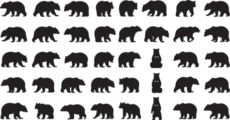 Obraz premium Bear silhouettes in multiple poses animal mammal, bear, animal, mammal, wildlife, nature, forest, wilderness, grizzly, brown bear, black bear, cub, adult, collection, set, group, illustration, graphic