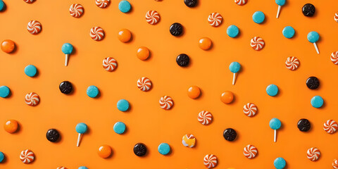 Festive candy assortment on vibrant orange background. Ideal for Halloween treats, joyful occasions, and eye-catching design elements.