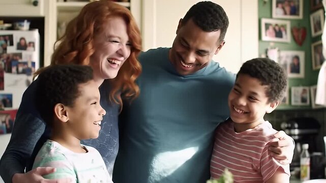 Smiling family of four, with mom, dad, and two sons, looking at each other indoors