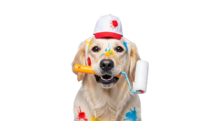 Golden retriever dog as a painter with paint roller and hat isolated on transparent background